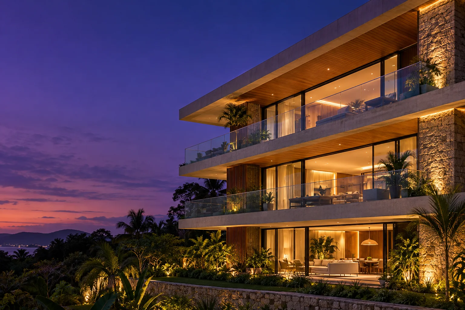 Edifício residencial ao entardecer, com apartamentos iluminados
